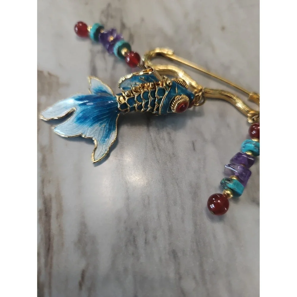 Vintage Cloisonne Enamel Koi Fish Brooch Gold Tone Accent Wearable Art